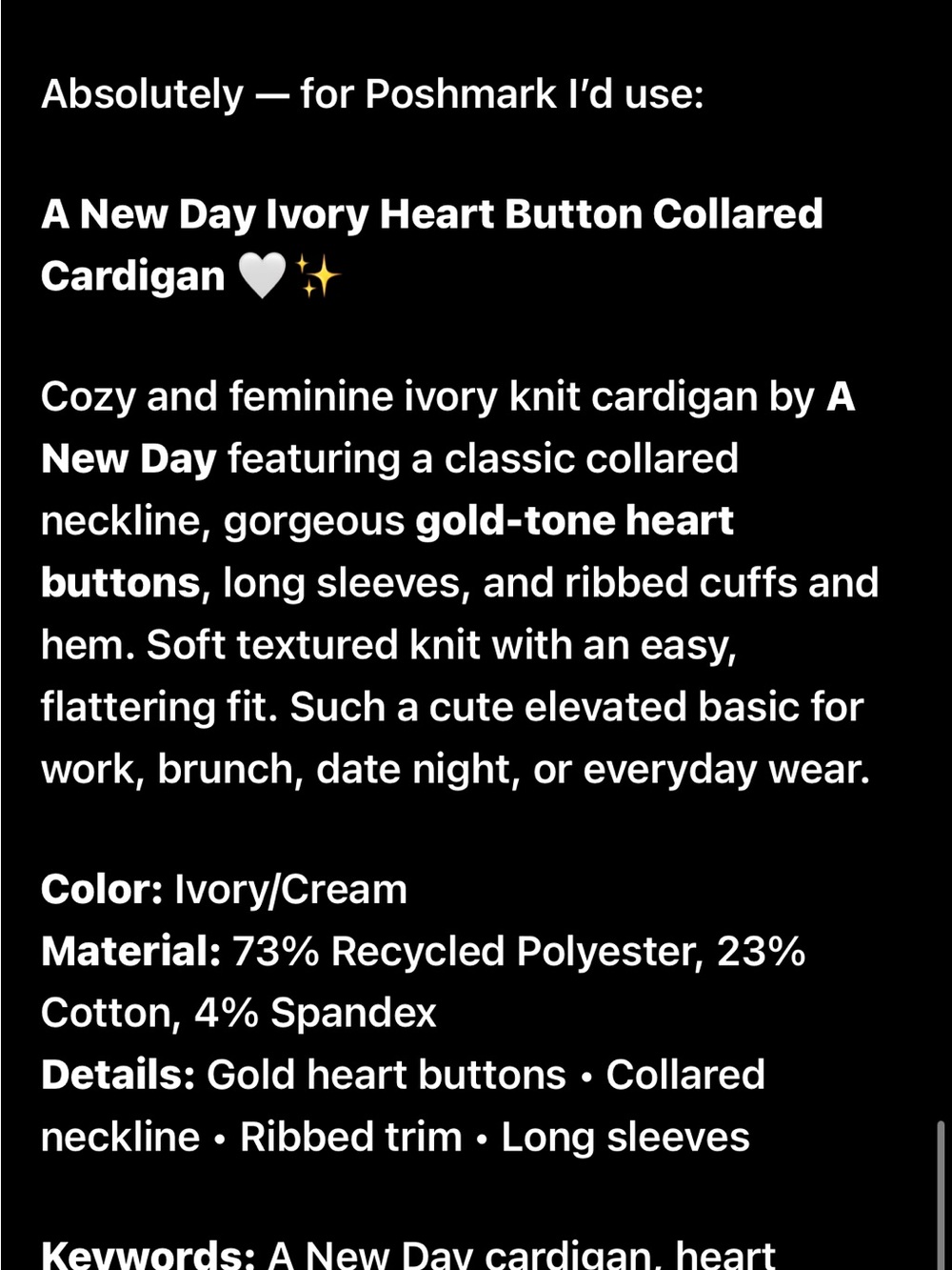 A New Day Ivory Collared Cardigan with Gold Heart Buttons